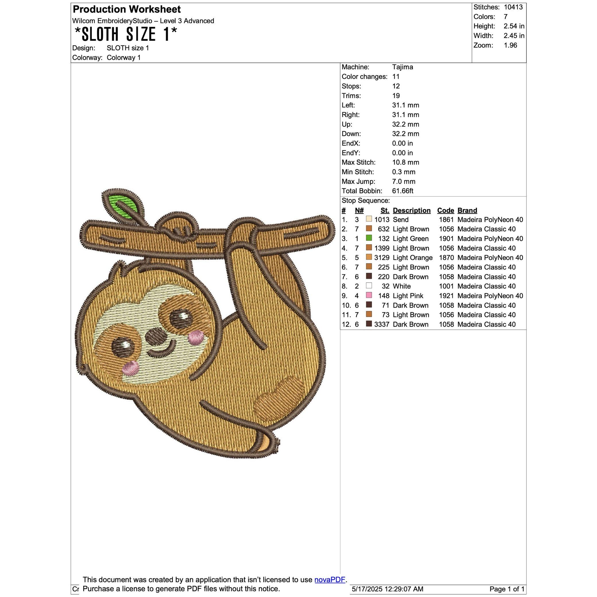 Baby Sloth Embroidery File Lazy Jungle Animal Design Dst Pes Jef Vp3 ...