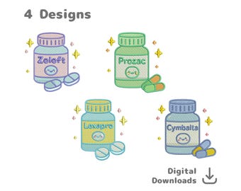 Kawaii Antidepressant Pill Bottle Embroidery File Bundle (Digital Download)