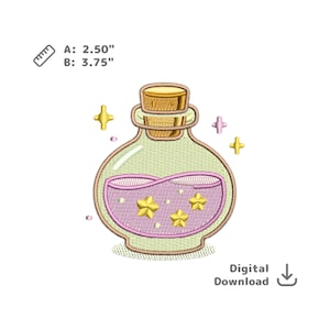 May include: An embroidered design of a potion bottle with a cork stopper. The bottle contains a pink liquid with yellow star shapes. The design is approximately 6.35 cm wide and 9.53 cm tall. The words "Digital Download" are below the bottle.