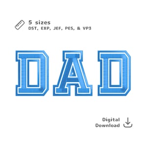 Fuente de bordado Dad Varsity: archivo de bordado a máquina con letras mayúsculas en negrita para sudaderas y regalos (dst exp jef pes vp3)