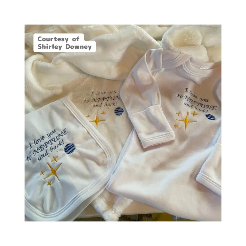 Sparkles Star embroidery file stitched out on various baby apparel items