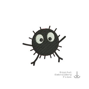 May include: Black and white embroidery design of a round, spiky creature with two large eyes. The creature has four spindly legs.