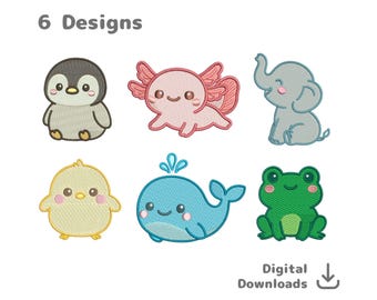 Kawaii Animal Embroidery Designs, Baby Penguin, Axolotl (DST, PES, JEF, VP3) (Digital Download)