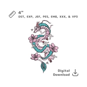 Anime Dragon with Cherry Blossoms Embroidery File – Japanese-Inspired Design