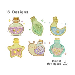 May include: Six embroidered designs of potion bottles in various shapes, including a round bottle, a leaf-shaped bottle, and a crescent moon bottle. The designs feature pastel colors, stars, and a cute snail. Text reads "6 Designs" and "Digital Downloads".