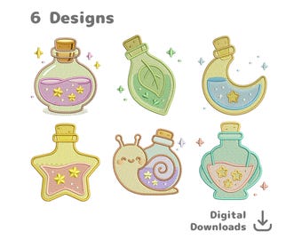 Potion Embroidery File Bundle – 6 Kawaii Magic Bottle Designs (dst, pes, jef, vp3, emb)
