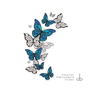 Può includere: File di ricamo digitale con un gruppo di farfalle blu e bianche in un motivo a spirale. Il design include il testo "Digital Embroidery Files".