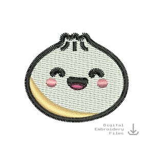 May include: A white and yellow embroidered cartoon dumpling with a black outline and a happy face. The dumpling has a black mouth, black eyes, and pink cheeks.