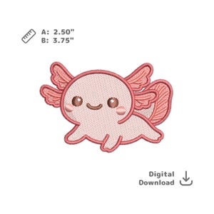 Può includere: Un disegno di ricamo di axolotl rosa chiaro con un volto sorridente e branchie dettagliate. Il disegno misura circa 6,35 cm per 9,53 cm. Le parole "Download digitale" appaiono sotto.