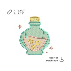 May include: An embroidered design of a potion bottle with three star shapes inside. The bottle is light green with a pink and peach colored center. The design includes the text "Digital Download" and the dimensions A: 2.50" and B: 3.75".