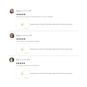 Screenshot of three five-star Etsy reviews for the "Sparkle Stars Cluster" embroidery file. Buyers mention great stitch quality and how well it worked for sweatshirt sleeves.