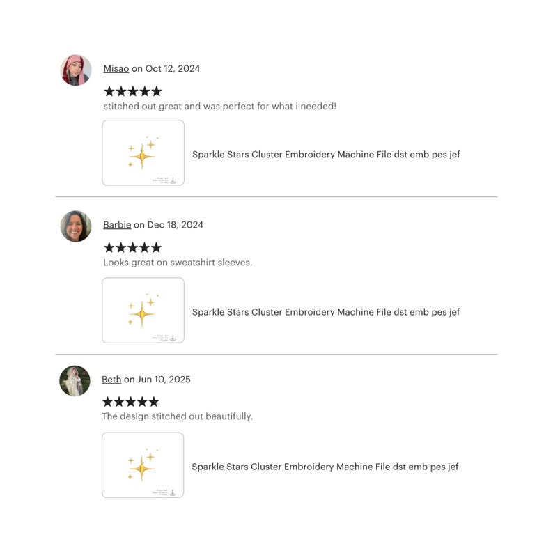 Screenshot of three five-star Etsy reviews for the "Sparkle Stars Cluster" embroidery file. Buyers mention great stitch quality and how well it worked for sweatshirt sleeves.