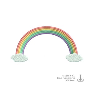 Może przedstawiać: Wzór haftu przedstawiający tęczę z chmurami na każdym końcu. Tęcza składa się z czerwonego, pomarańczowego, żółtego, zielonego, niebieskiego, indygo i fioletowego.