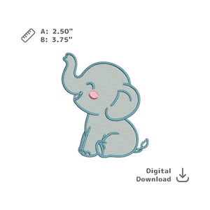 May include: A light blue cartoon elephant embroidery design. The elephant is sitting with a smiling face and pink cheeks. The design measures 2.50" x 3.75". Text reads "Digital Download".