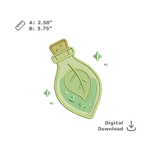 May include: An embroidered design of a potion bottle with a leaf inside, filled with green liquid. The bottle has a cork stopper and is surrounded by star-shaped sparkles. The text "Digital Download" is below the bottle. Dimensions are 2.50" x 3.75".