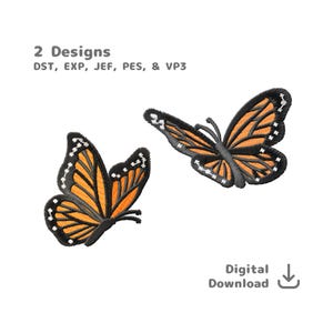 Pode incluir: Dois desenhos de borboletas bordadas com asas laranja e pretas. A imagem inclui o texto "2 Designs" e "Download digital". As borboletas são detalhadas com detalhes brancos.