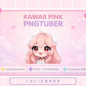 Peut inclure: Graphique d'art numérique rose avec un personnage de style anime aux cheveux roses et aux grands yeux rouges. Le texte "KAWAII PINK PNGTUBER" est affiché au-dessus du personnage. L'image a une esthétique pastel douce avec des cœurs et des étoiles.