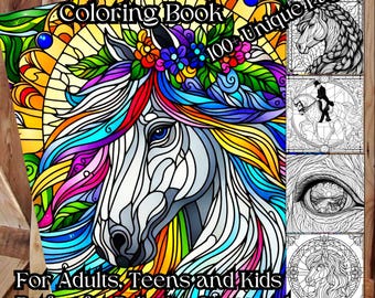 Stained Glass Horse Coloring Book, 100+ Designs (PDF Pages, Instant Download)