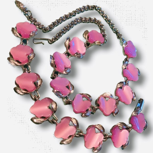 ensemble de feuilles de lucite en plastique rose vintage des années 50, collier et bracelet avec métal argenté, bijoux personnalisés américains, style romantique