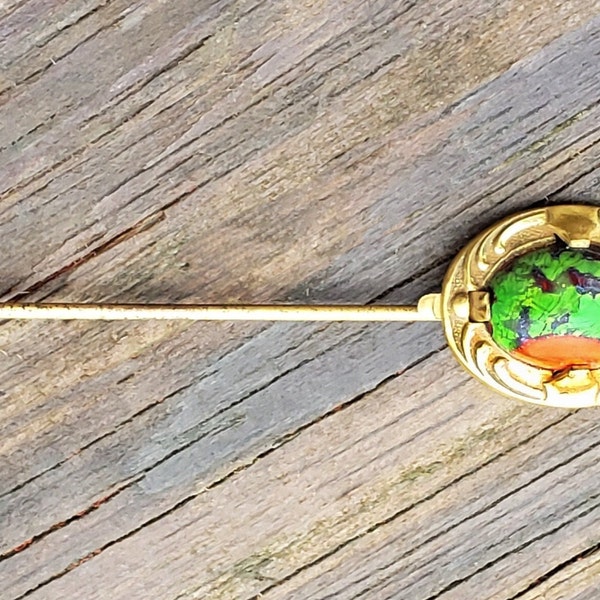 Signed Antique Stickpin Red Green Art Glass Gold Tone Glass Cabochon Stick Pin