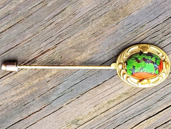Signed Antique Stickpin Red Green Art Glass Gold … - image 1
