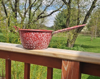 RARE Vintage Red White Enamel Pot Strainer Splatterware Colander Graniteware Rustic Farmhouse Kitchen Decor