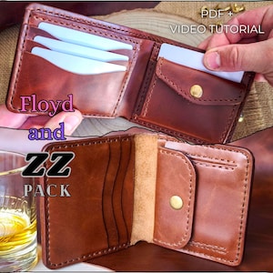 May include: Brown leather wallet with several card slots and a snap-fastened coin pocket. The wallet is displayed open and closed, with the text "Floyd and ZZ PACK" and "PDF + VIDEO TUTORIAL".