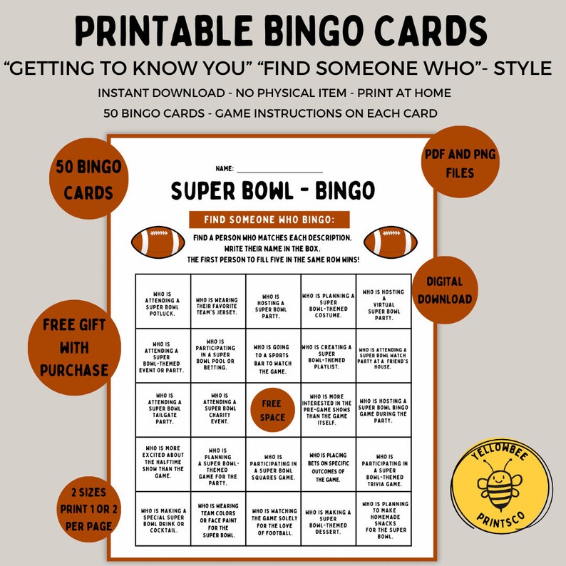 Super Bowl Bingo, Classroom Activities, Printable Party Game, Sport ...