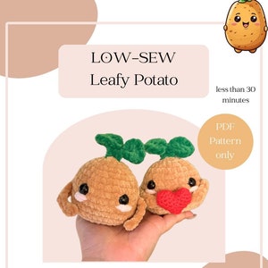 May include: A crochet pattern for a leafy potato amigurumi toy. The pattern is available as a PDF download and takes less than 30 minutes to complete. The image shows two crocheted potatoes, one with a heart.
