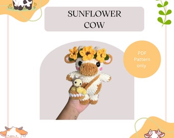 SUNFLOWER COW with honey bag crochet pattern / sunflower / cow / highland / honey/ bag/ bee/ hairband/ flowers / amigurumi/ crochet pattern