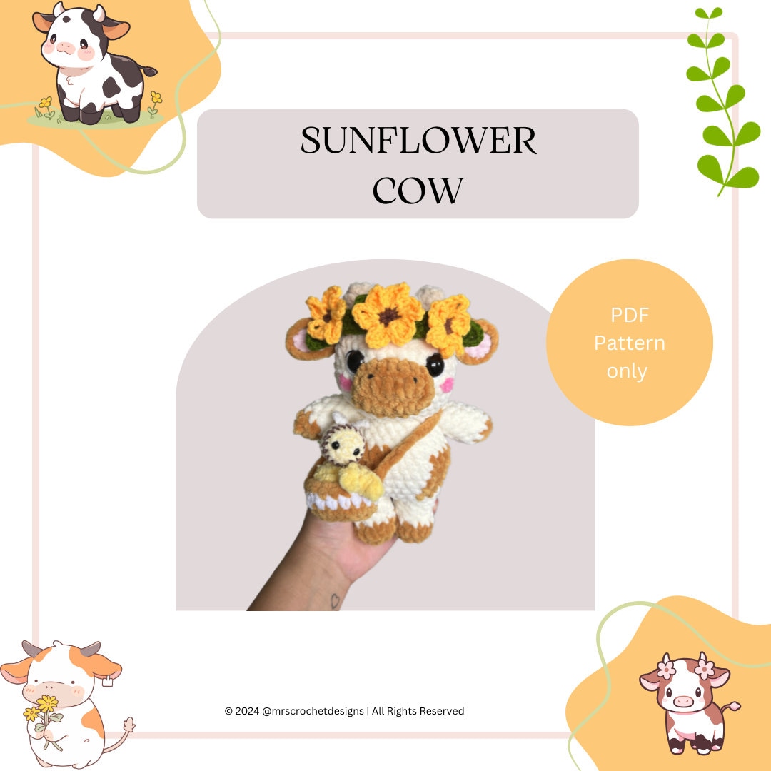 5 Sunflower Cow Crochet Patterns to Bring Rustic Farm Charm to Your Home 1 Sunflower COW with honey bag crochet pattern / sunflower
