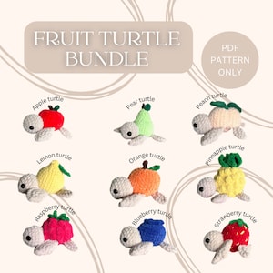 May include: A set of 9 crochet turtle patterns featuring different fruits. The patterns include apple, lemon, pear, orange, peach, pineapple, raspberry, blueberry, and strawberry turtles.