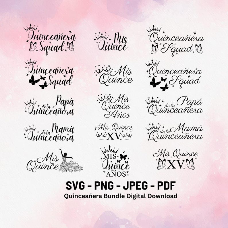 Papá de la Quinceanera Mamá de la Quinceanera Mis Quince XV Mis Quince Anos Quinceanera Squad Miss Quince Svg Png Dxf Pdf Mexican Spanish Latina cumpleaños Tia Pink Gold Clip art stensils Latin Customizable Quince xv Fiesta de Quince Años