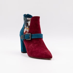 Handmade ankle boots featuring a blend of 2 colors in luxurious suede leather and vibrant elastic fabric image 1