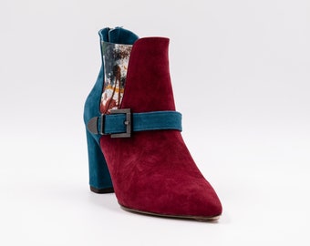 Handmade ankle boots featuring a blend of 2 colors in luxurious suede leather and vibrant elastic fabric