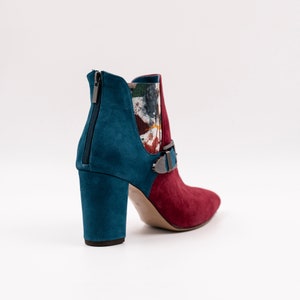 Handmade ankle boots featuring a blend of 2 colors in luxurious suede leather and vibrant elastic fabric image 3
