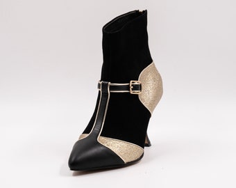 Handmade ankle boots in gold glitter fabric, black suede and black leather