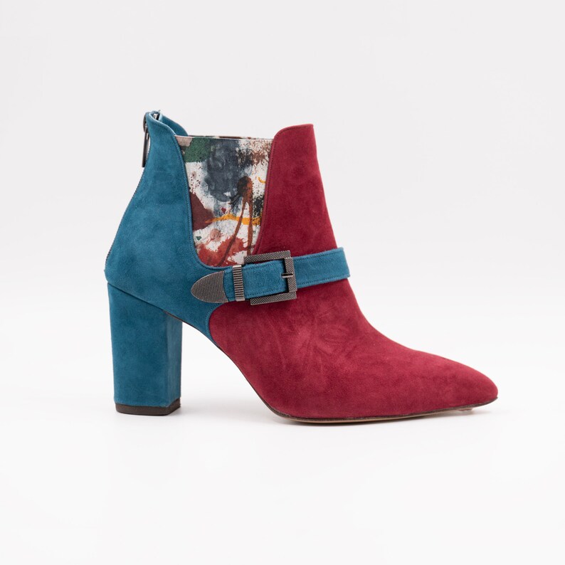 Handmade ankle boots featuring a blend of 2 colors in luxurious suede leather and vibrant elastic fabric image 2