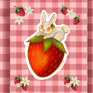 Strawberry Bunny Sticker – Cute Cottagecore Vinyl Sticker