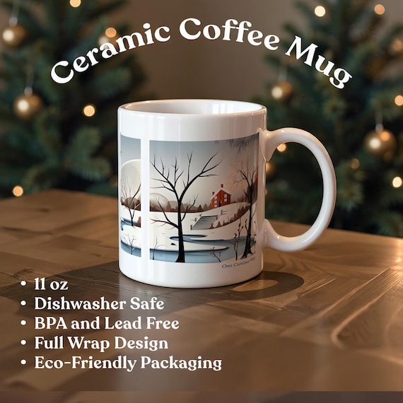 Winter Country Scene Mug Snowy Farm Landscape Coffee and Tea Cup