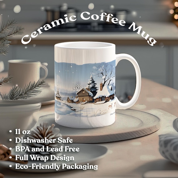 Winter Village Mug Cozy Snow Scene Nordic Cabin Christmas Coffee Cup Deer Ice Skating Kids Rustic Landscape 11oz Ceramic Gift for Her