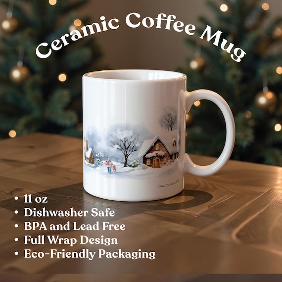 Winter Village Mug Snowy Christmas Houses Kids Playing Coffee and Tea Cup