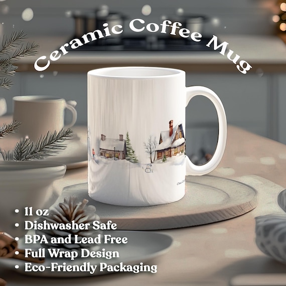 Winter Village Mug Cozy Christmas Houses Snow Scene Horse Kids Holiday Coffee Cup Rustic Cabin Art Nordic Winter Gift 11oz Ceramic Mug