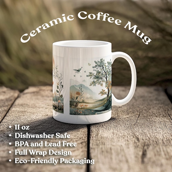 Peaceful Nature Birds Mug Scenic Wildlife Coffee Cup Serene Floral Tea Mug Mountain Landscape Gift for Bird Watchers Garden Decor