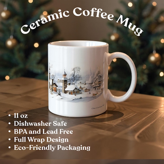 Winter Village Mug Snowy Cabin Scene Christmas Coffee and Tea Cup