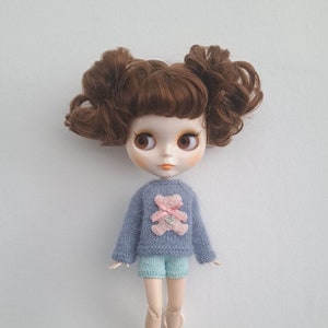 Blue sweater Blythe Miniature knitted sweater Hand knit doll clothes Fluffy sweater Blythe Sweater bear for Blythe Knitted sweater for doll
