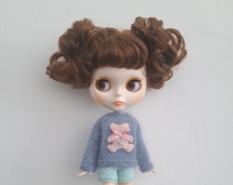Blue sweater Blythe Miniature knitted sweater Hand knit doll clothes Fluffy sweater Blythe Sweater bear for Blythe Knitted sweater for doll