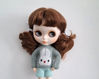 Sweater with bunnies for Blythe Sweater with a hare for doll Knitted sweater Blythe Knitted clothes dolls Sweater with embroidery Blythe