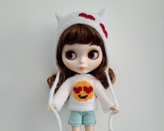 Sweater with embroidery for Blythe Hat with ears for Blythe Blythe outfit Blythe dolls clothes Knit clothes Blythe Knitted doll sweater