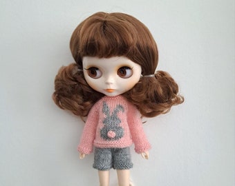 Blythe sweater with bunny Blythe clothing set with shorts Blythe doll clothes Blythe shorts Set for Blythe Doll knitted sweater Doll clothes